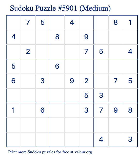 Free Printable Medium Sudoku Puzzle number 5901