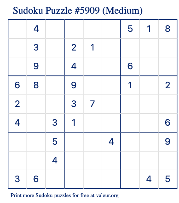 Free Printable Medium Sudoku Puzzle number 5909