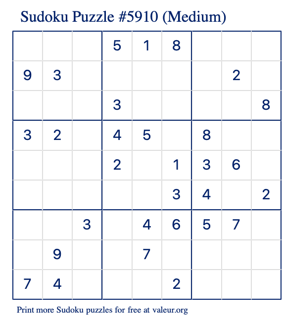 Free Printable Medium Sudoku Puzzle number 5910