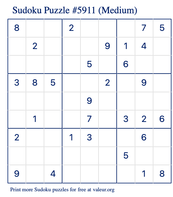 Free Printable Medium Sudoku Puzzle number 5911