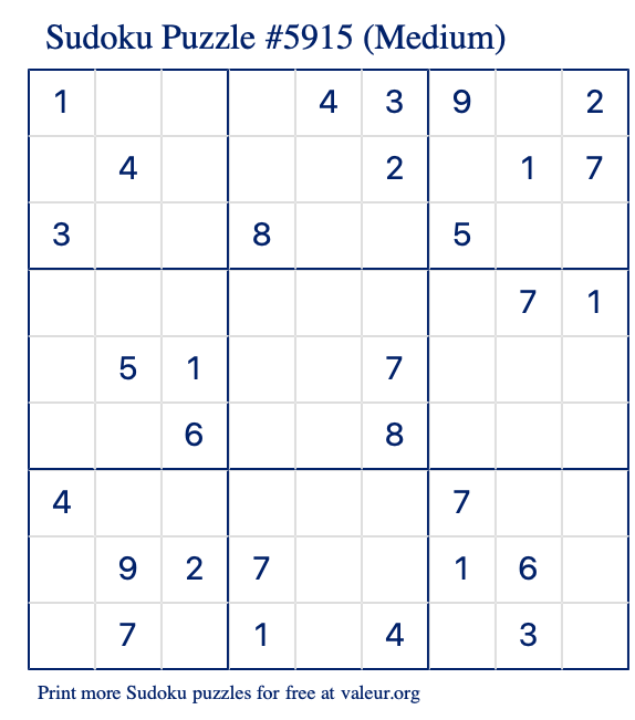 Free Printable Medium Sudoku Puzzle number 5915
