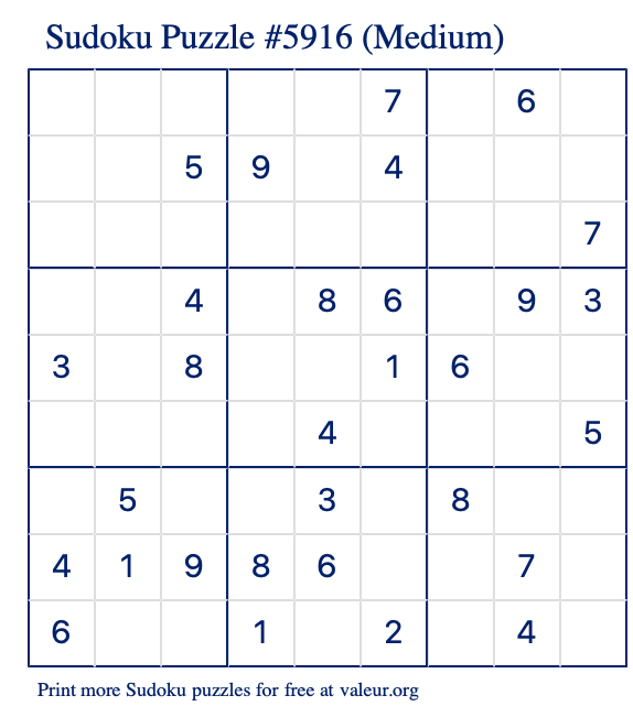 Free Printable Medium Sudoku Puzzle number 5916