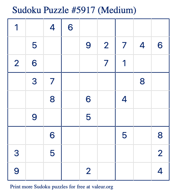 Free Printable Medium Sudoku Puzzle number 5917