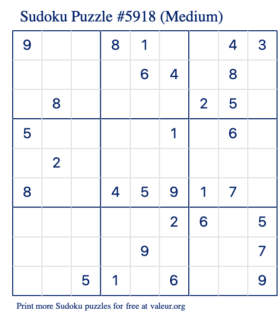Free Printable Medium Sudoku Puzzle number 5918