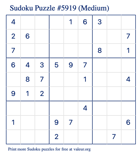 Free Printable Medium Sudoku Puzzle number 5919