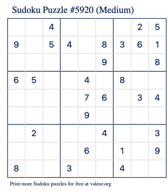Free Printable Medium Sudoku Puzzle number 5920