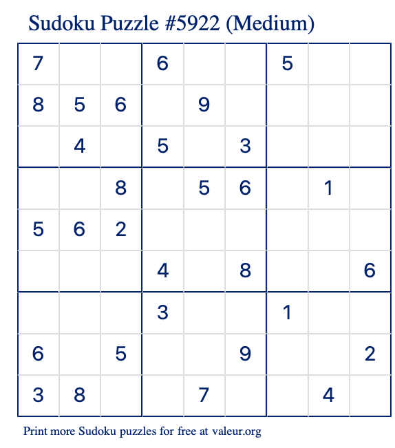 Free Printable Medium Sudoku Puzzle number 5922
