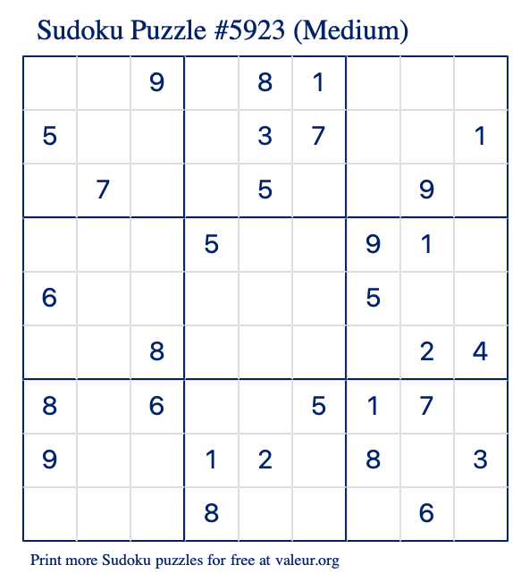 Free Printable Medium Sudoku Puzzle number 5923
