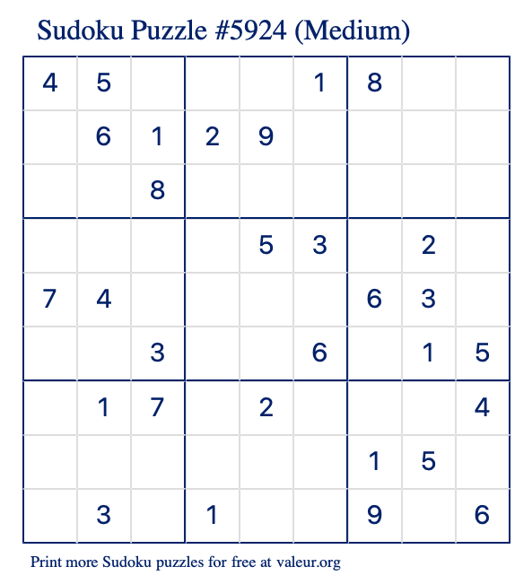 Free Printable Medium Sudoku Puzzle number 5924