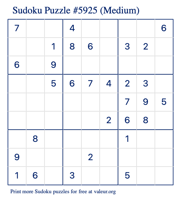 Free Printable Medium Sudoku Puzzle number 5925