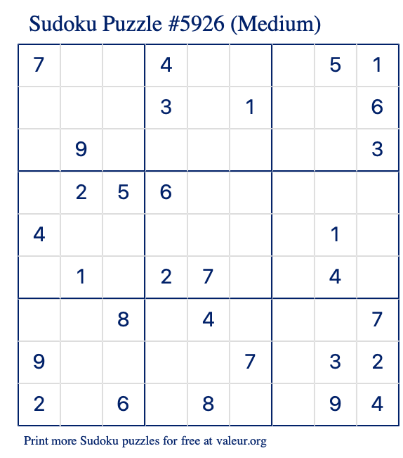 Free Printable Medium Sudoku Puzzle number 5926