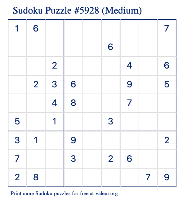 Free Printable Medium Sudoku Puzzle number 5928