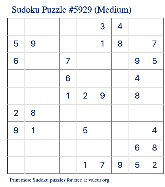 Free Printable Medium Sudoku Puzzle number 5929