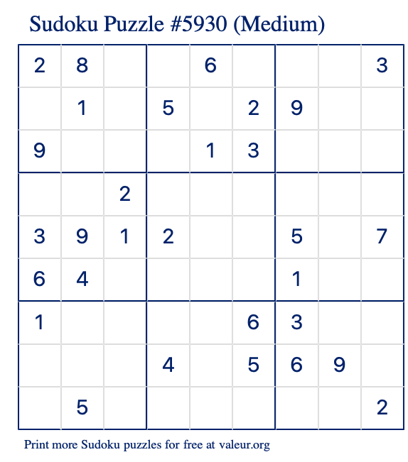 Free Printable Medium Sudoku Puzzle number 5930