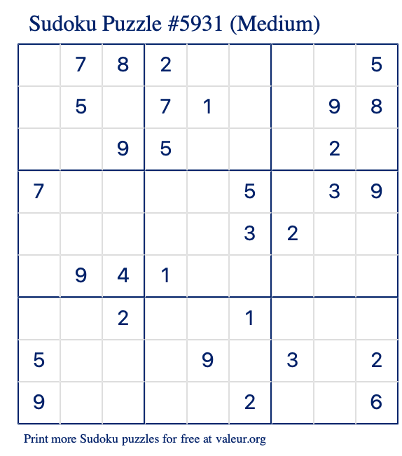 Free Printable Medium Sudoku Puzzle number 5931