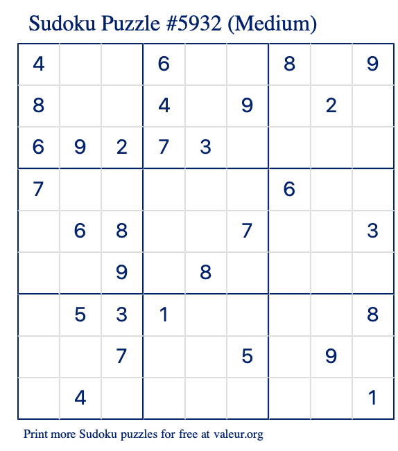 Free Printable Medium Sudoku Puzzle number 5932