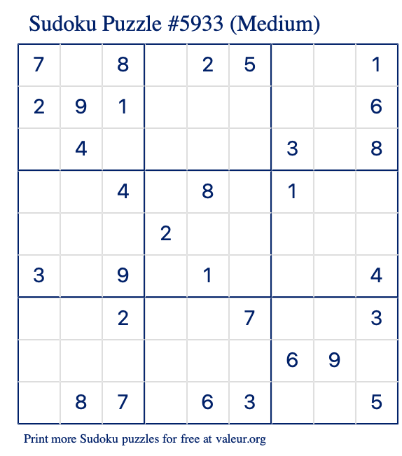 Free Printable Medium Sudoku Puzzle number 5933