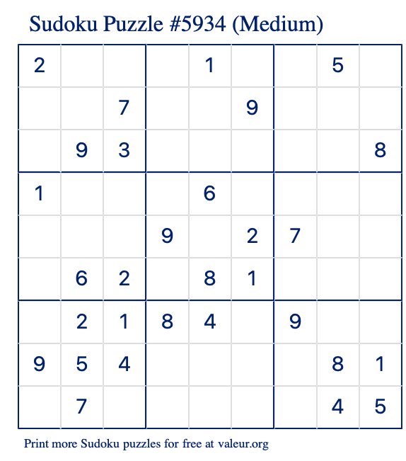 Free Printable Medium Sudoku Puzzle number 5934