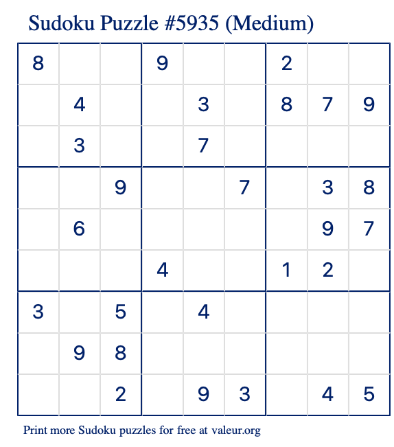 Free Printable Medium Sudoku Puzzle number 5935