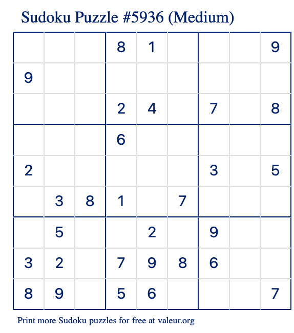 Free Printable Medium Sudoku Puzzle number 5936