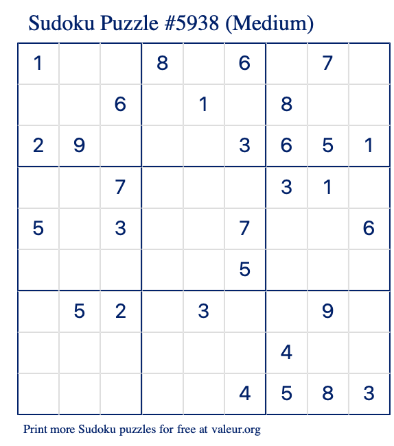 Free Printable Medium Sudoku Puzzle number 5938