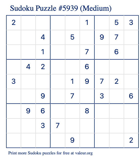 Free Printable Medium Sudoku Puzzle number 5939