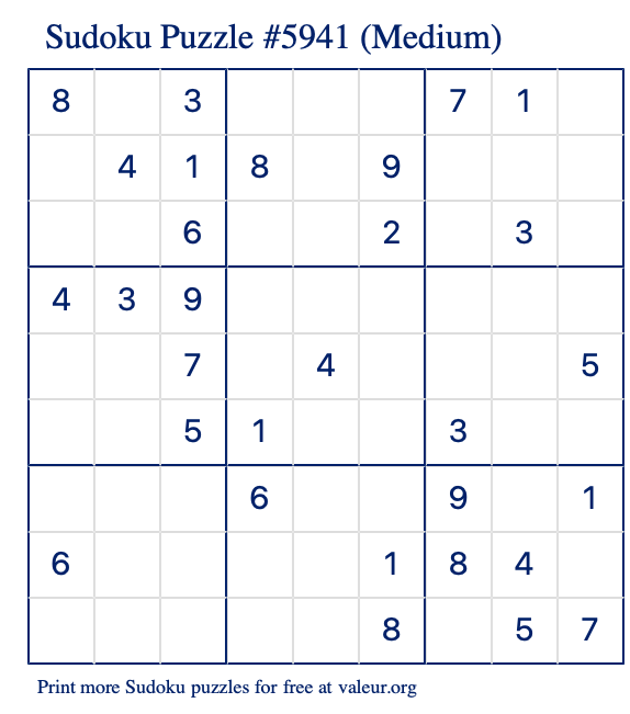 Free Printable Medium Sudoku Puzzle number 5941