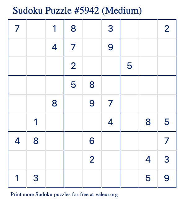 Free Printable Medium Sudoku Puzzle number 5942