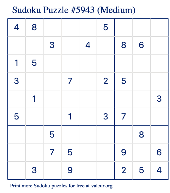 Free Printable Medium Sudoku Puzzle number 5943