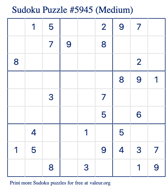 Free Printable Medium Sudoku Puzzle number 5945
