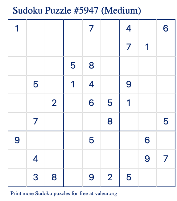 Free Printable Medium Sudoku Puzzle number 5947