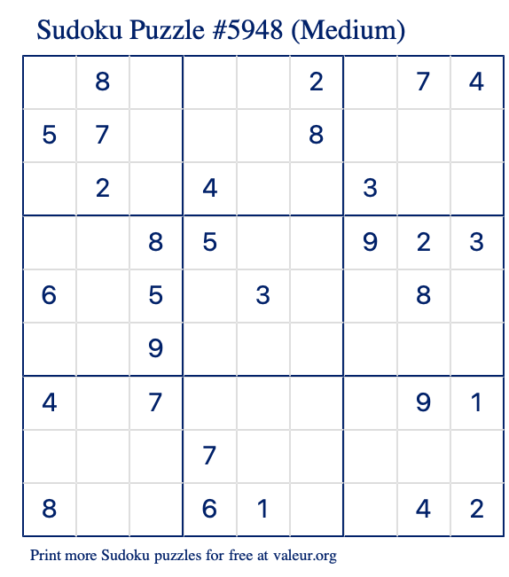 Free Printable Medium Sudoku Puzzle number 5948