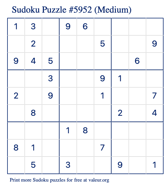 Free Printable Medium Sudoku Puzzle number 5952