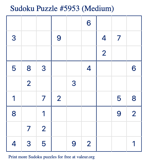 Free Printable Medium Sudoku Puzzle number 5953