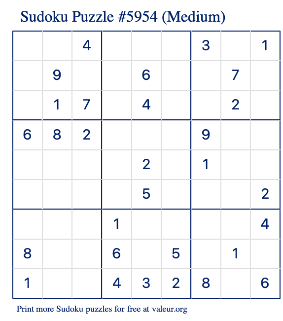 Free Printable Medium Sudoku Puzzle number 5954