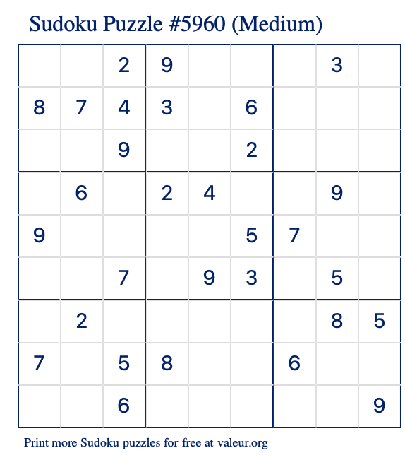 Free Printable Medium Sudoku Puzzle number 5960