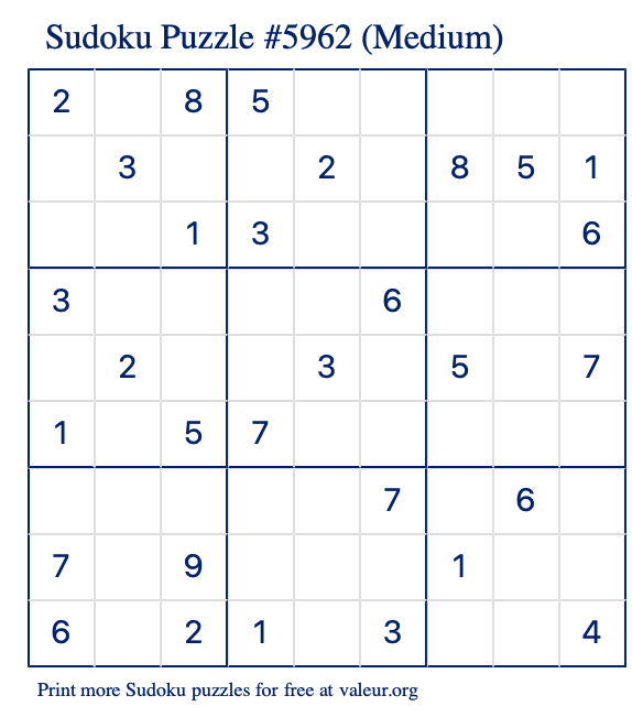 Free Printable Medium Sudoku Puzzle number 5962