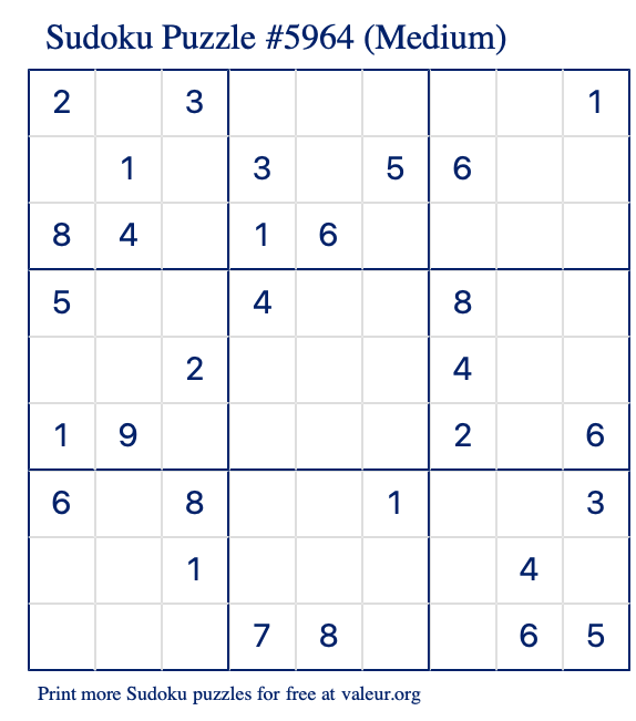 Free Printable Medium Sudoku Puzzle number 5964