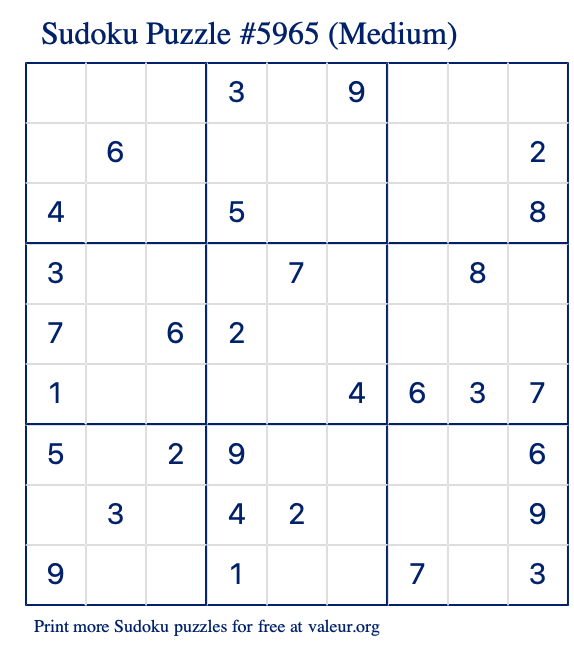 Free Printable Medium Sudoku Puzzle number 5965