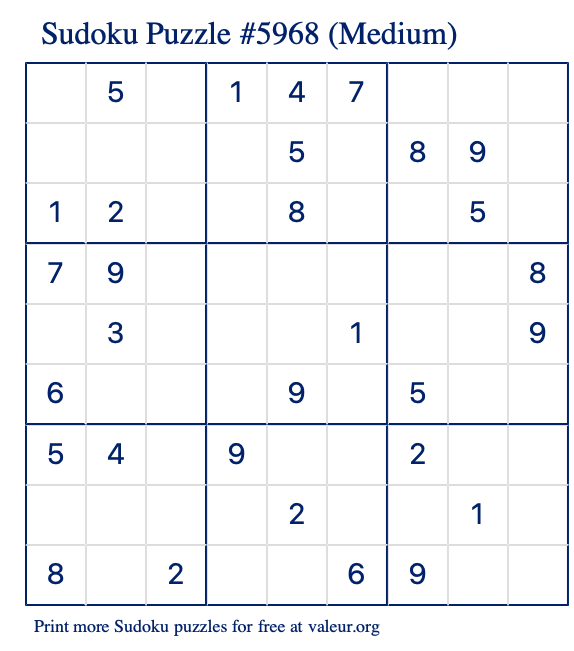 Free Printable Medium Sudoku Puzzle number 5968