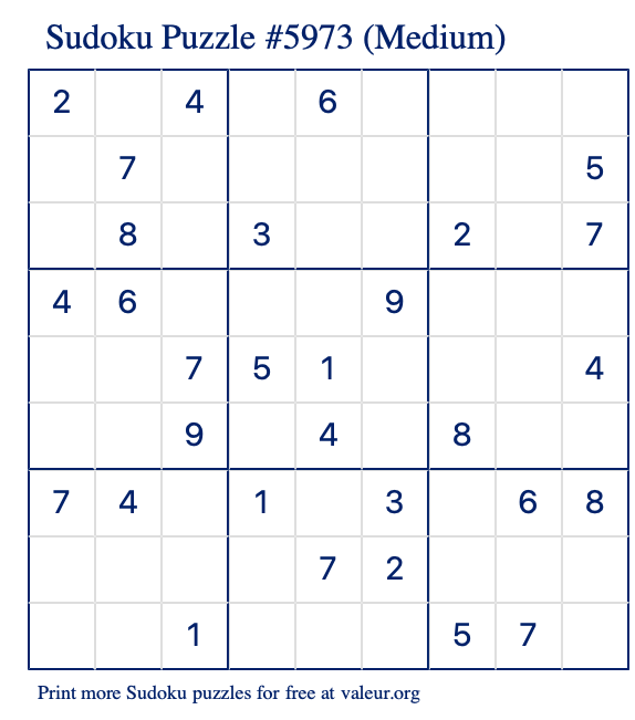 Free Printable Medium Sudoku Puzzle number 5973