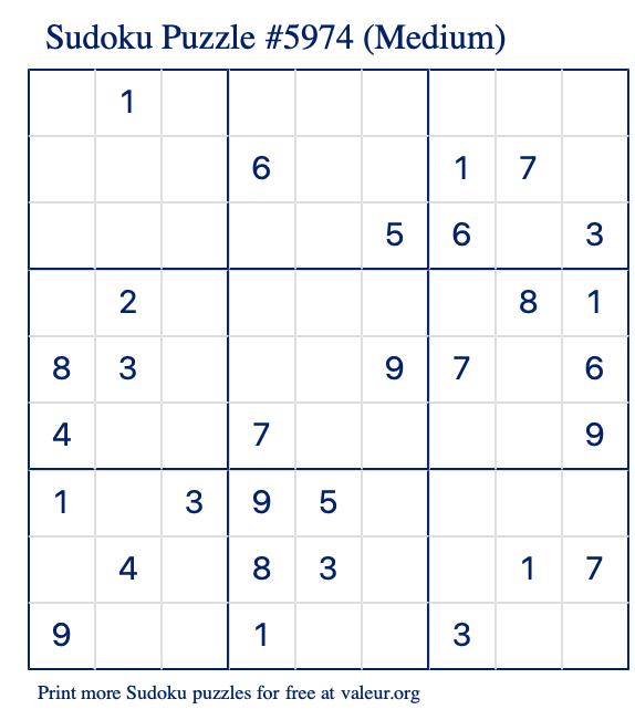 Free Printable Medium Sudoku Puzzle number 5974