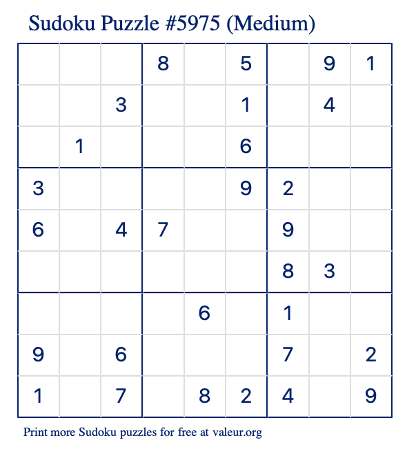 Free Printable Medium Sudoku Puzzle number 5975