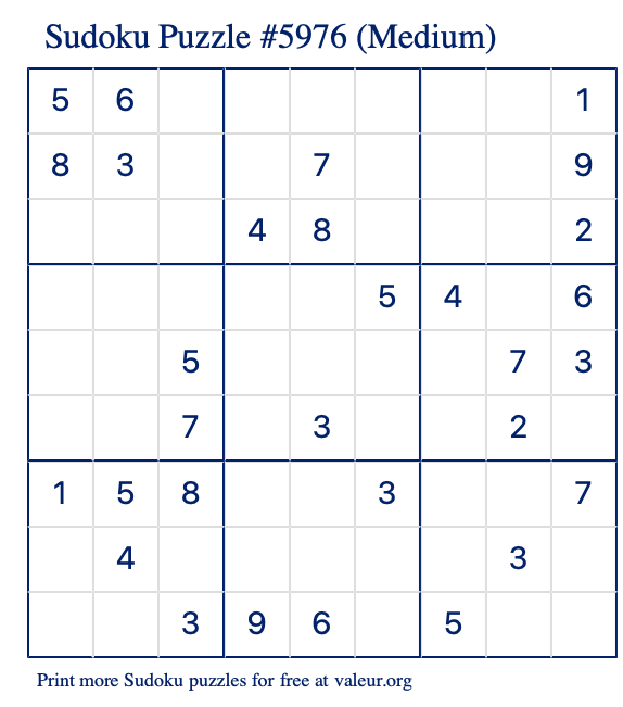 Free Printable Medium Sudoku Puzzle number 5976