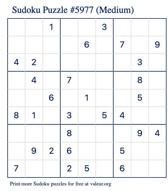 Free Printable Medium Sudoku Puzzle number 5977
