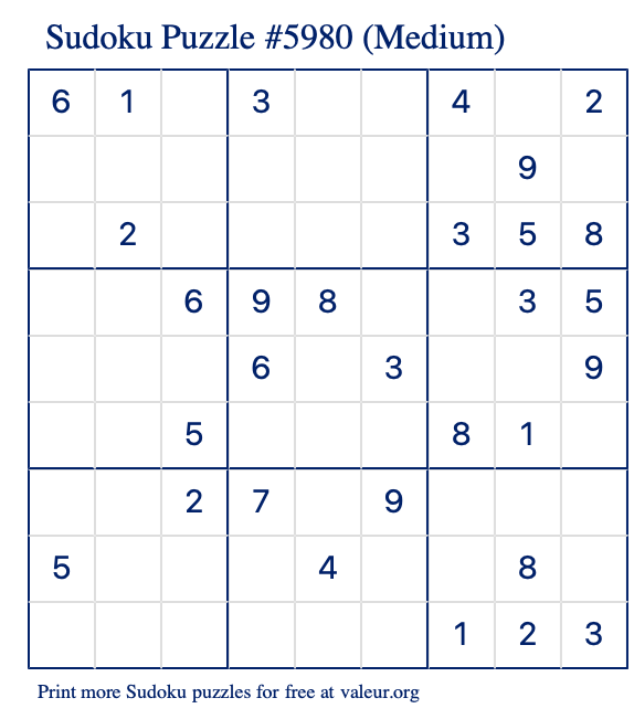 Free Printable Medium Sudoku Puzzle number 5980