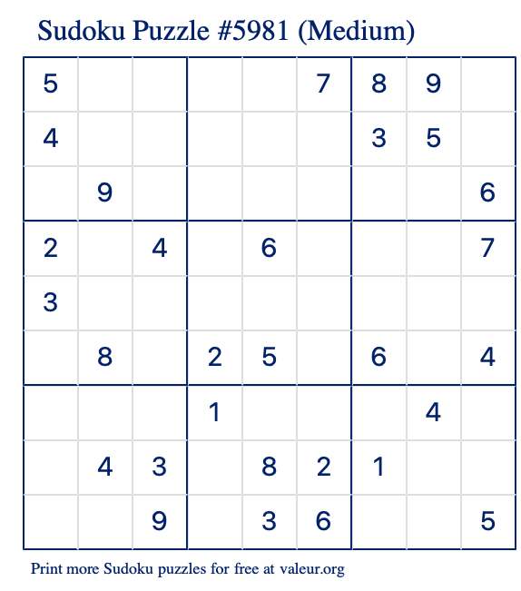 Free Printable Medium Sudoku Puzzle number 5981