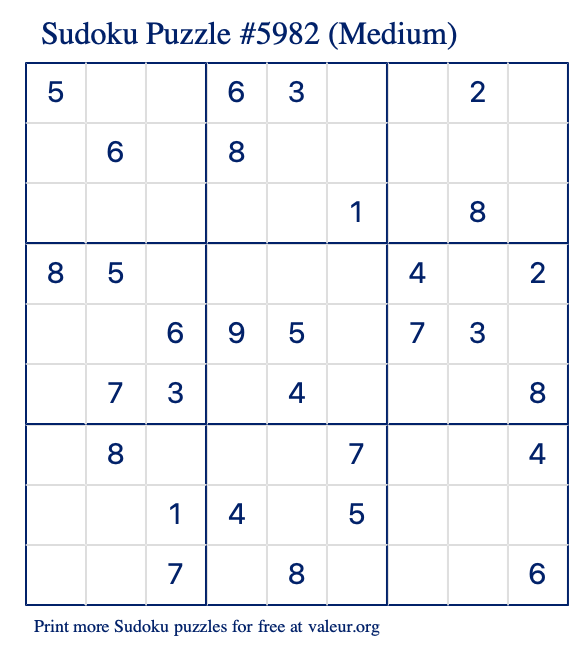 Free Printable Medium Sudoku Puzzle number 5982