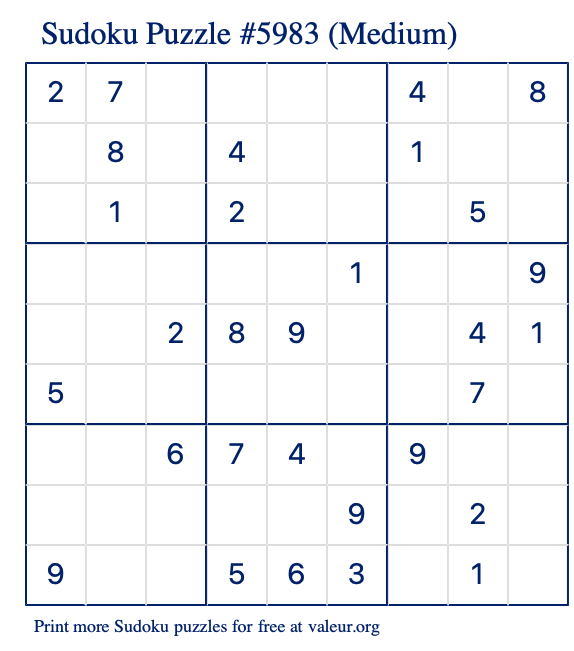 Free Printable Medium Sudoku Puzzle number 5983