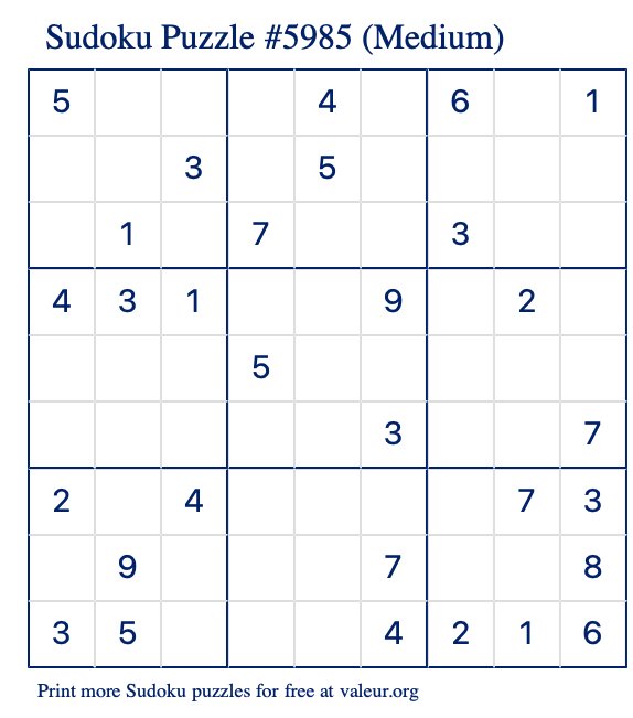 Free Printable Medium Sudoku Puzzle number 5985